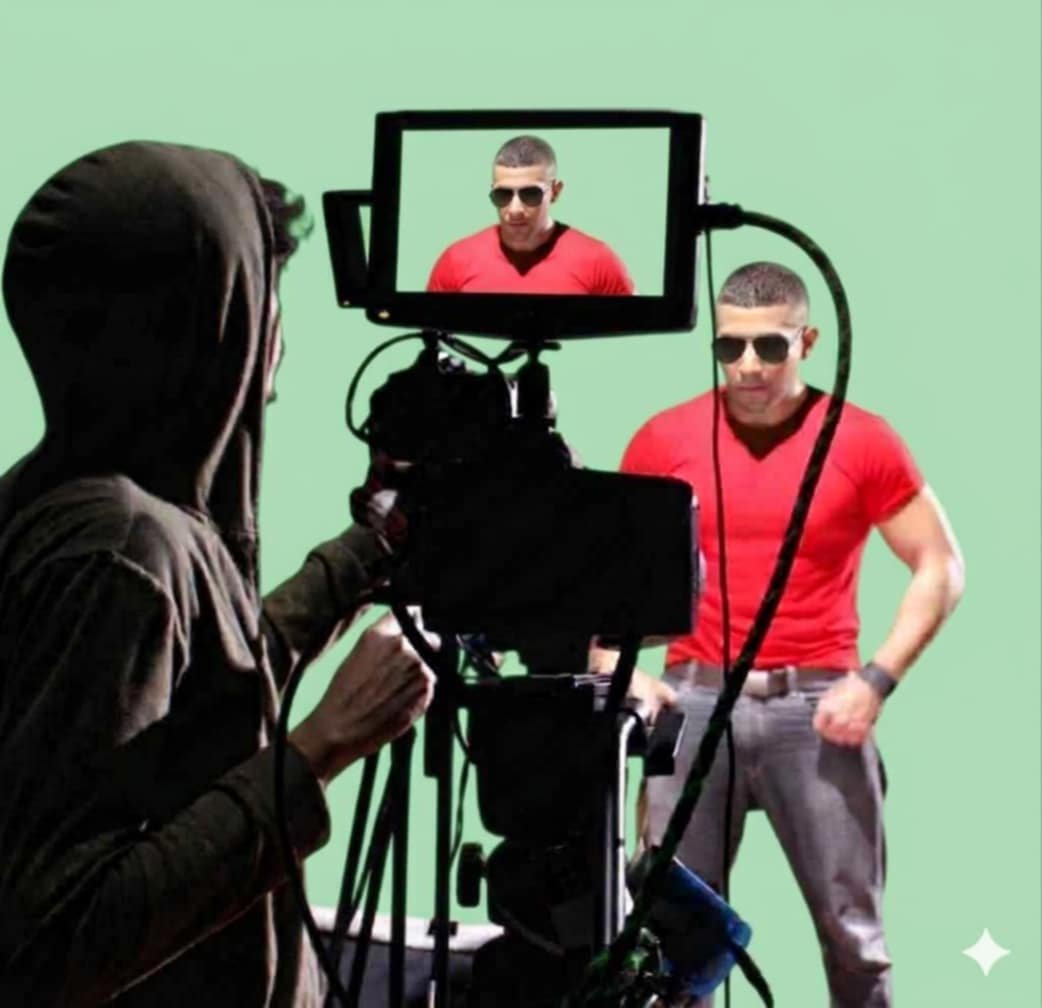 Four people operating a video camera in a room with brick walls.