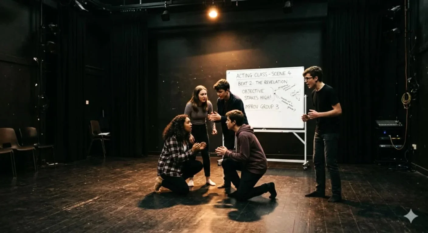 Group of six young men and women acting or performing on a stage, with some sitting, kneeling, or standing, engaging in expressive gestures and facial expressions, with a black background and a whiteboard in the background.