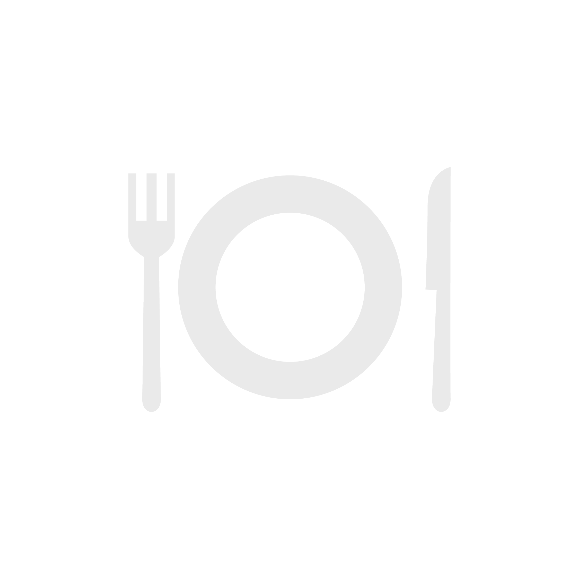 Icon showing a fork on the left, a plate in the center, and a knife on the right, all in gray on a black background.