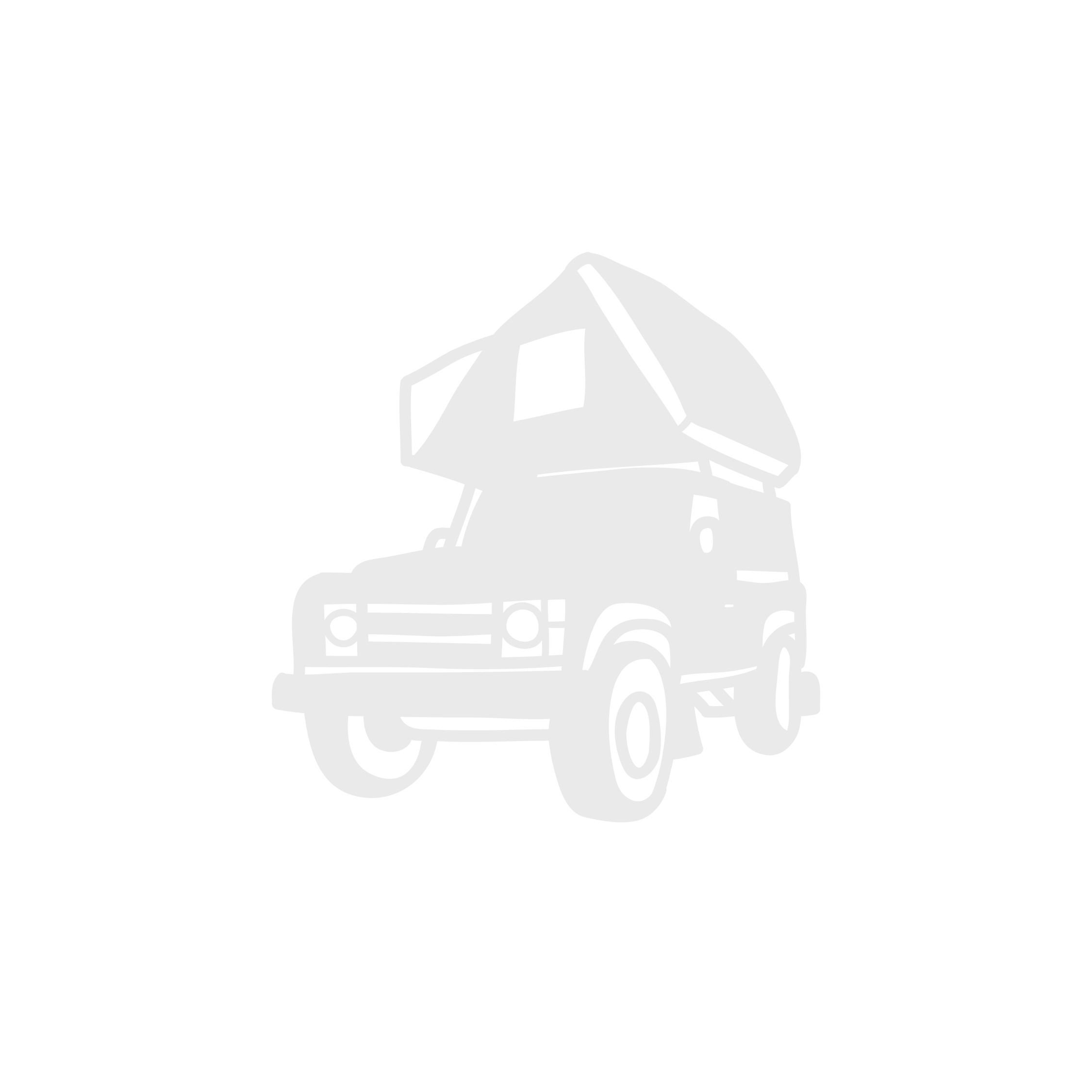 Black and white illustration of a camper truck with a raised roof, viewed from the front and slightly to the side.