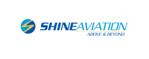 Shine Aviation logo with a stylized S inside a blue circle and the text shines in bold uppercase blue letters, with 'Aviation' in a lighter blue and the tagline 'Above & Beyond' below.