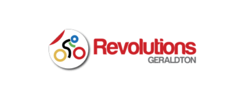 Logo of Revolutions Geraldton, featuring a stylized bicycle wheel with colored segments and text.