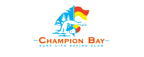 Logo of Champion Bay Surf Life Saving Club with a wave, trees, a swimmer, and a flag in red, yellow, and blue.