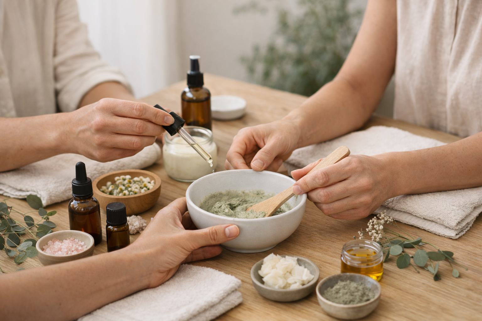 Atelier de création cosmétique dans un institut de beauté : deux personnes préparent un soin sur-mesure avec des poudres botaniques, des huiles végétales et des ingrédients naturels dans un bol en céramique.