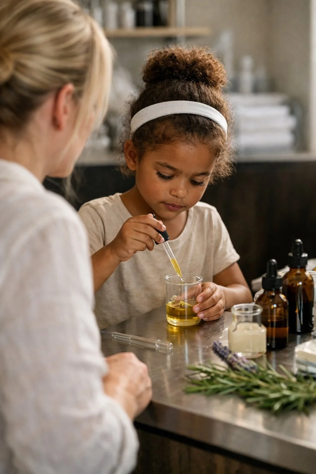 Mère et fille participant à un atelier de création de soins à base d’huiles essentielles
