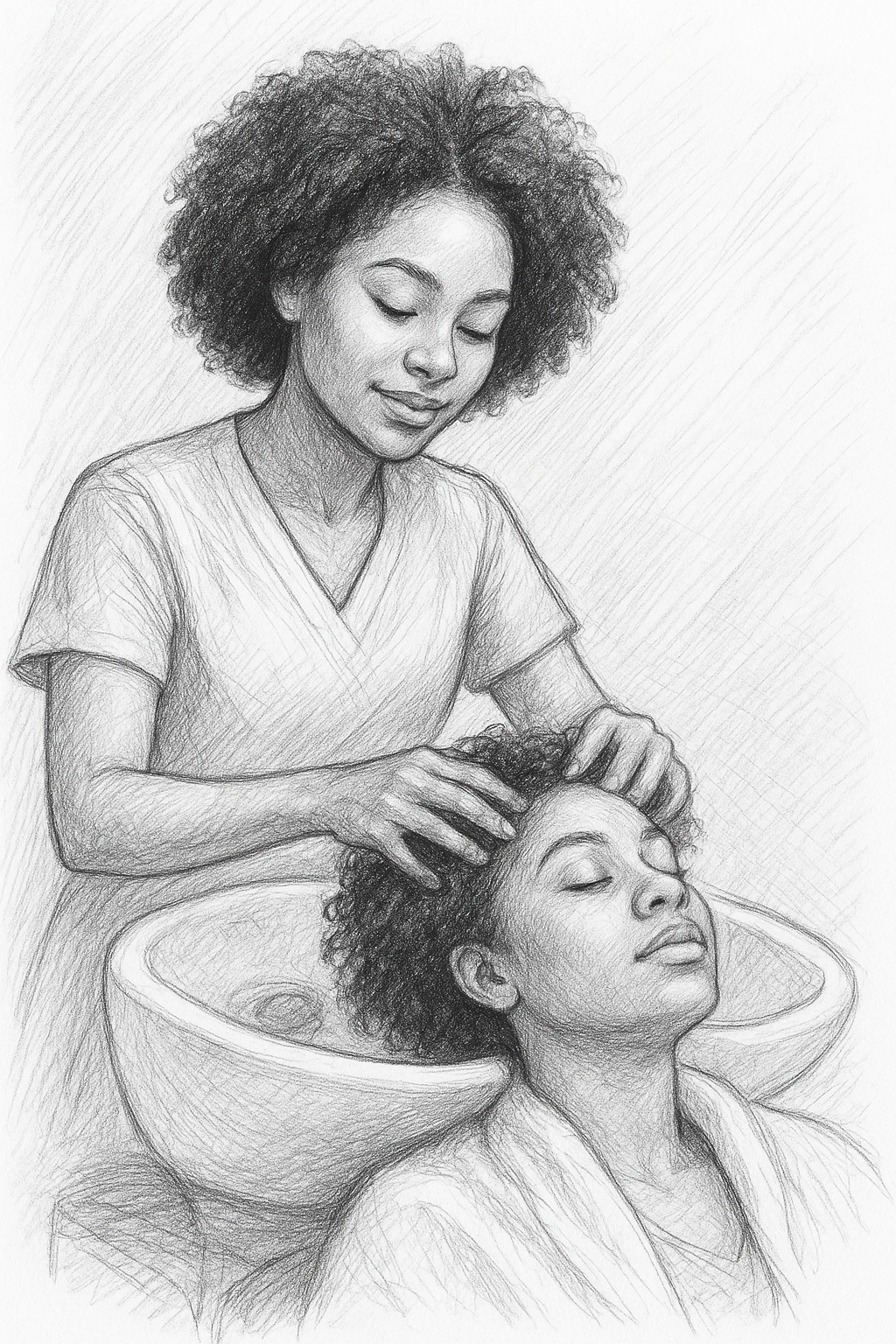 Croquis au crayon d'une femme recevant un soin capillaire dans un spa