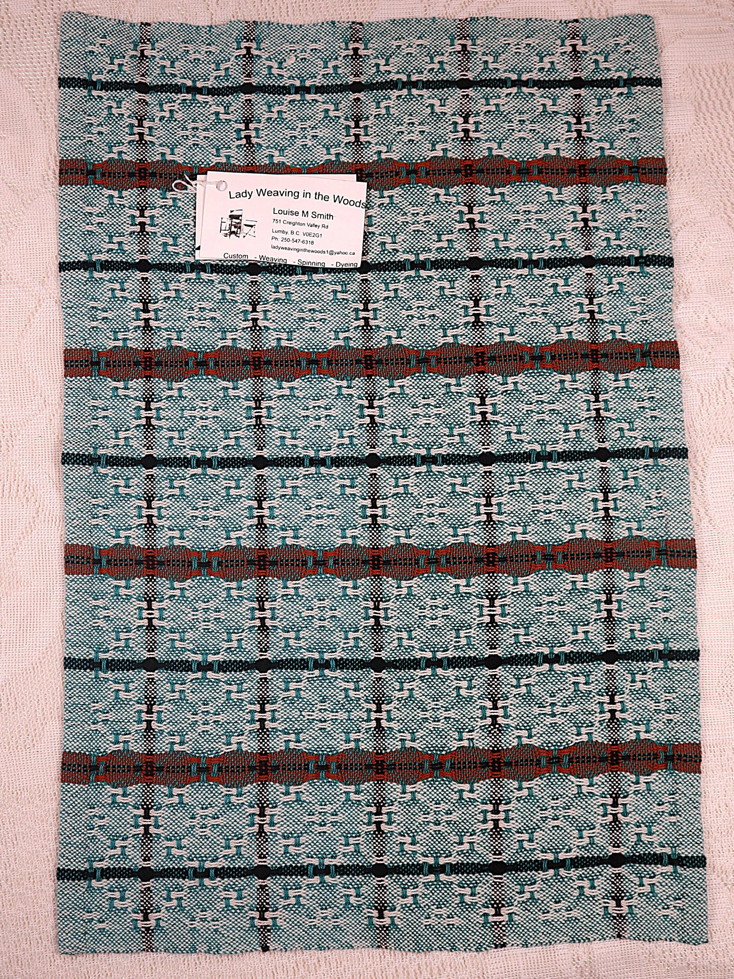 Teal, Green, White, and Black Huck Lace Tea Towel