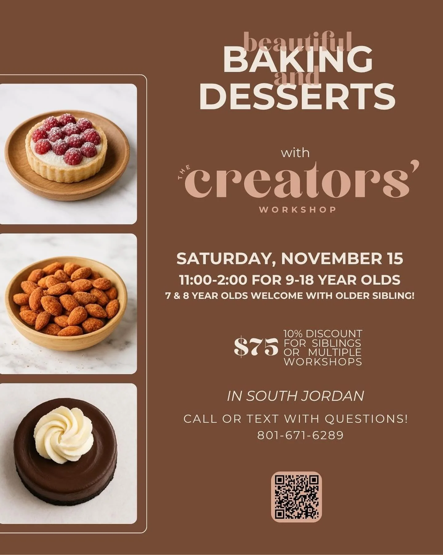 Beautiful baking and desserts workshop on Saturday! We&rsquo;ll be making the perfect assortment that students will be able to recreate at home for Thanksgiving and Christmas! Not only will they create and bring these home, they&rsquo;ll LEARN the ho