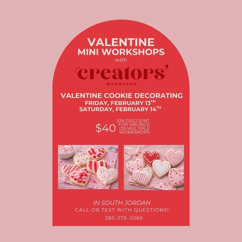 We&rsquo;re super excited about our Valentine Cookie Decorating Workshops! These are special because they are for all ages, so bring your kids or a friend and come create!

❤️Valentine Soft Cookie Decorating Mini Workshop $40
Friday, February 13th or