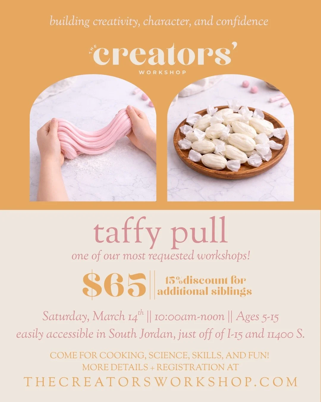 TAFFY PULL Workshop this weekend! Truly, one of our most popular and favorite workshops!

We'll talk about the taffy making process and the science behind it, as well as the purpose of each ingredient. Students will add the ingredients and cook the r