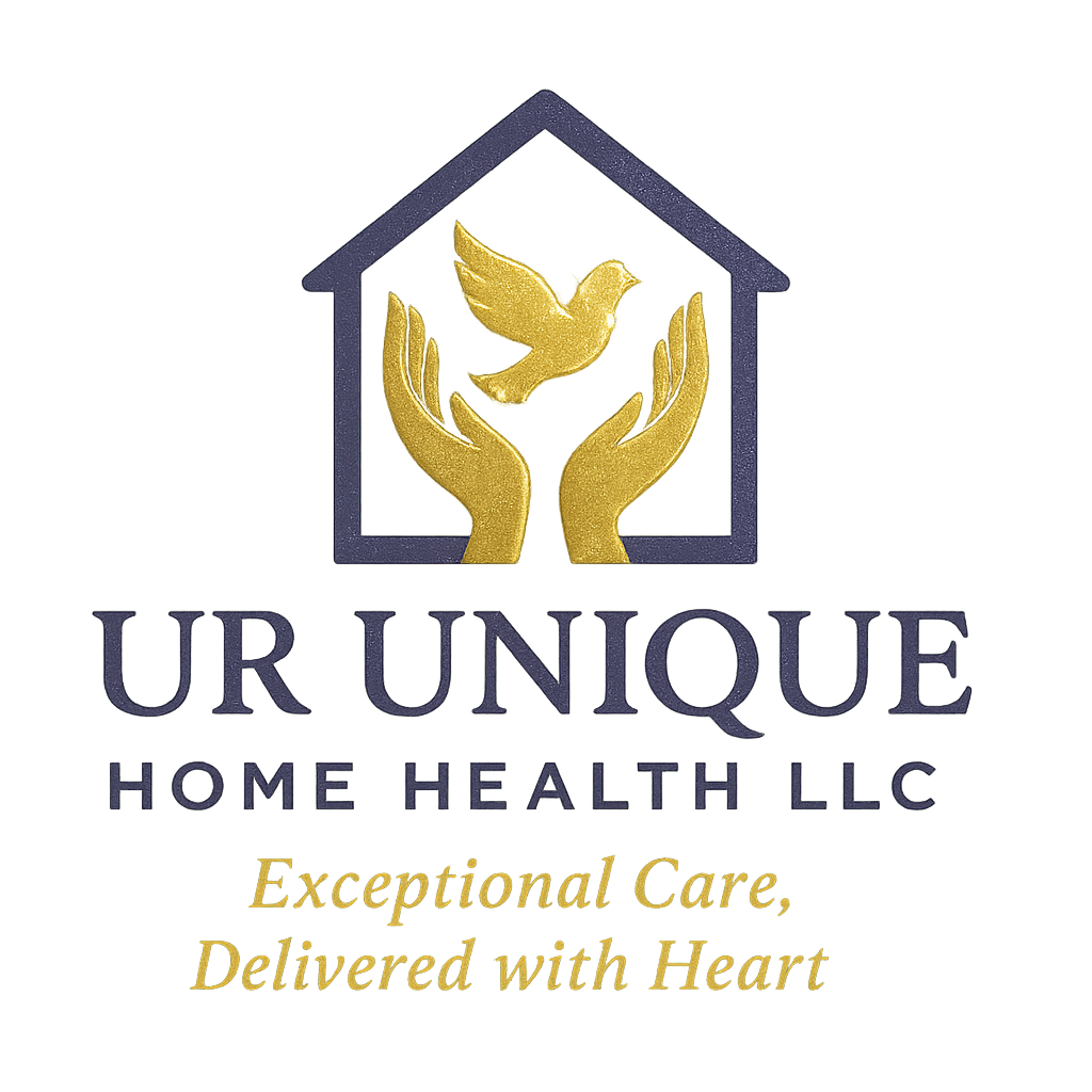 Logo for UR UNIQUE Home Health LLC featuring a house with a gold dove and hands, and the tagline "Exceptional Care, Delivered with Heart."