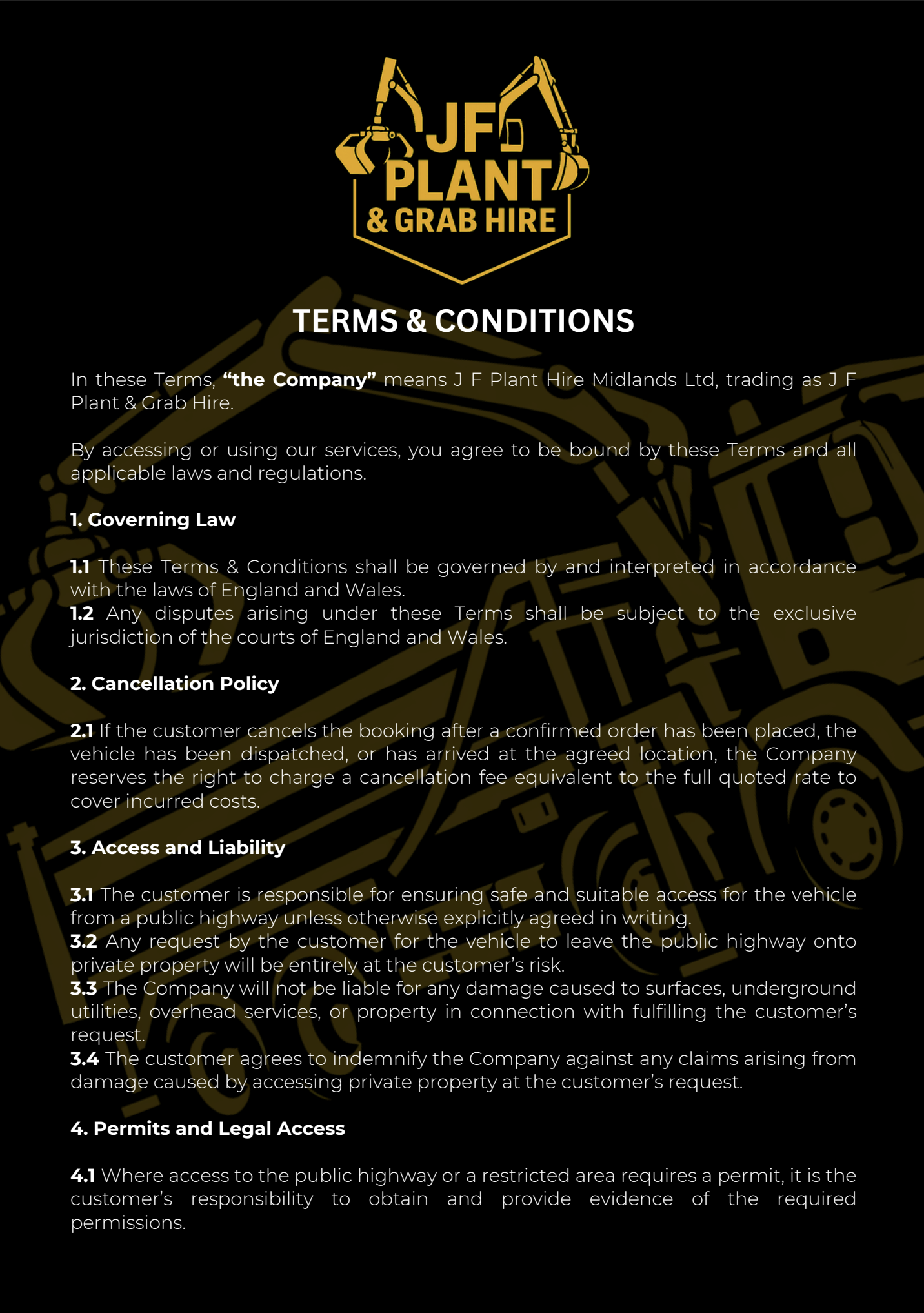 JF Fox Plant and Grab Hire Terms and Conditions