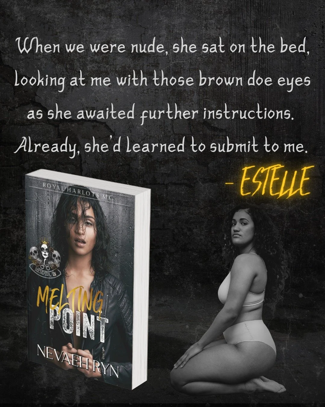 We love a fast learner 😼
Anyway, if you want to know the context of this quote, check out Melting Point! It's available to purchase on Kindle and is enrolled in KDP Select. The paperback is coming soon, and if a WLW biker romance is your thing, look