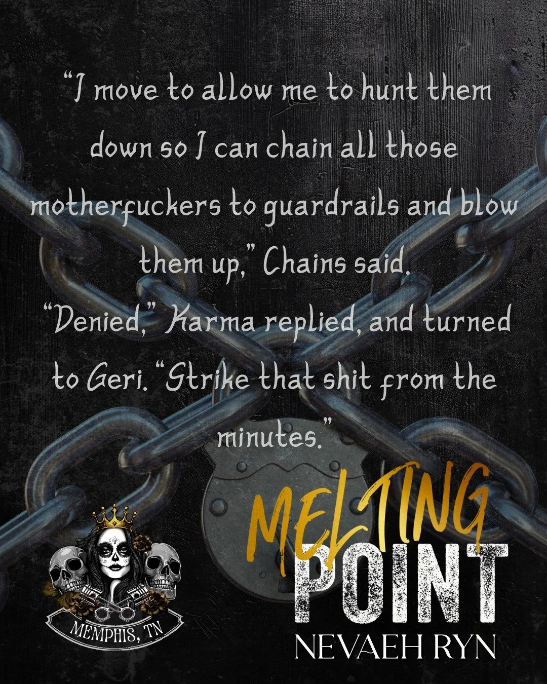 She isn't called Chains for nothing 🤷
I may be a tad biased, but I highly recommend Melting Point! It's a WLW biker romance, featuring Denali, the 32-year-old treasurer for the Memphis Royal Harlots, and Estelle, a 26-year-old author and Denali's ch
