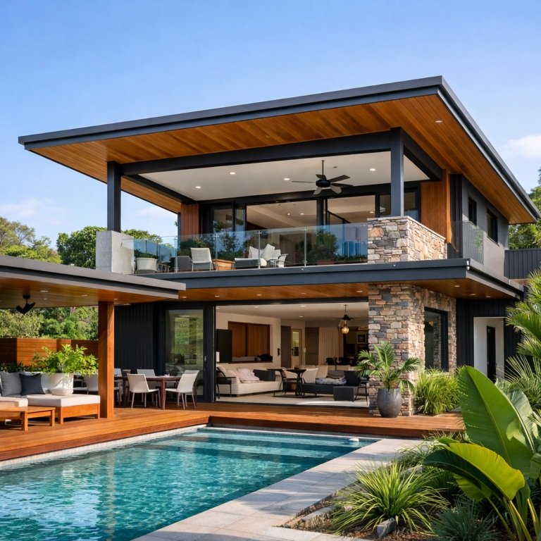 Brisbane home designed for subtropical climate with wide eaves, weather-resistant materials, and modern exterior finishes