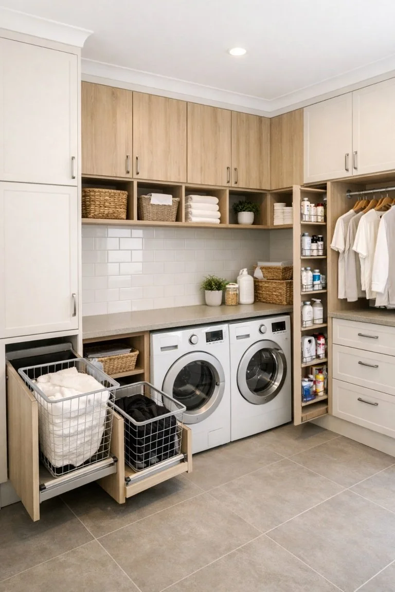 Custom laundry storage solutions with built-in cabinetry, pull-out hampers, overhead cupboards, and space-saving design for Brisbane homes.