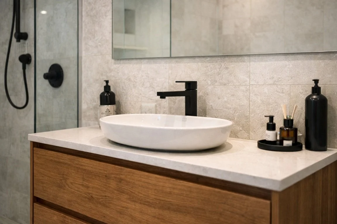 Close-up of modern bathroom renovation in Brisbane with stone vanity and matte black tapware