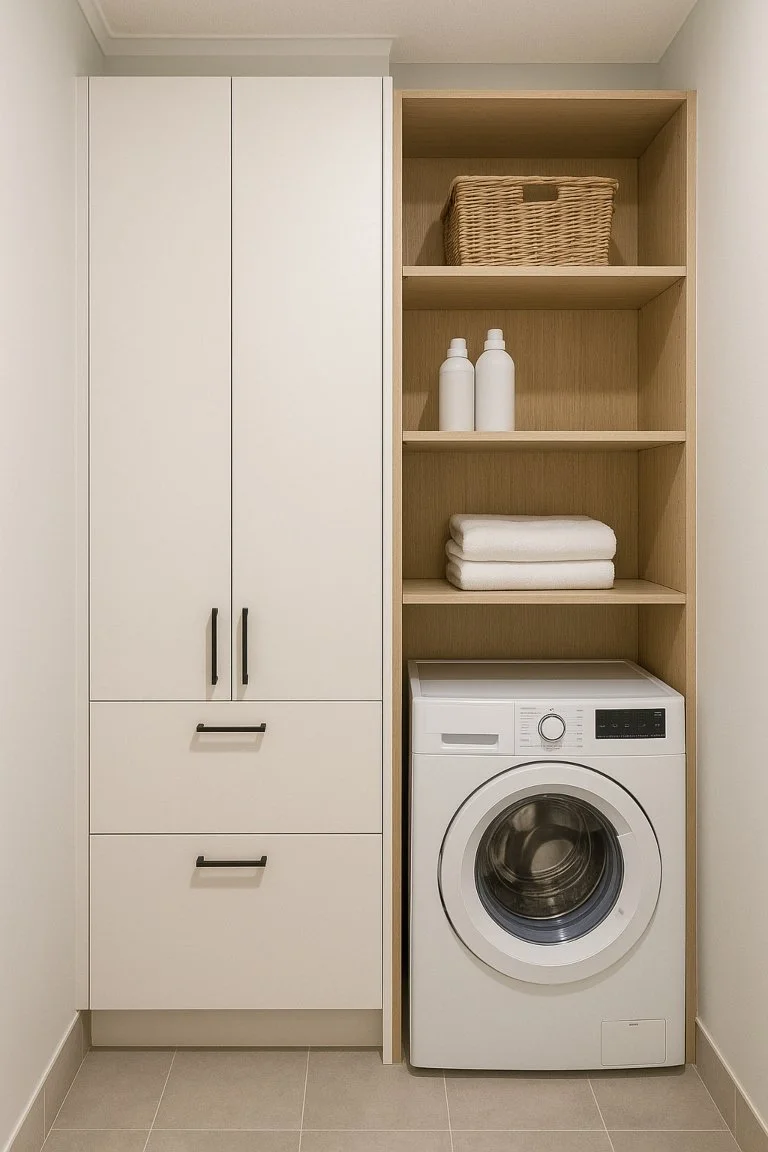 Vertical storage and open shelving in a tiny Brisbane laundry, demonstrating space-saving renovation ideas for compact homes.