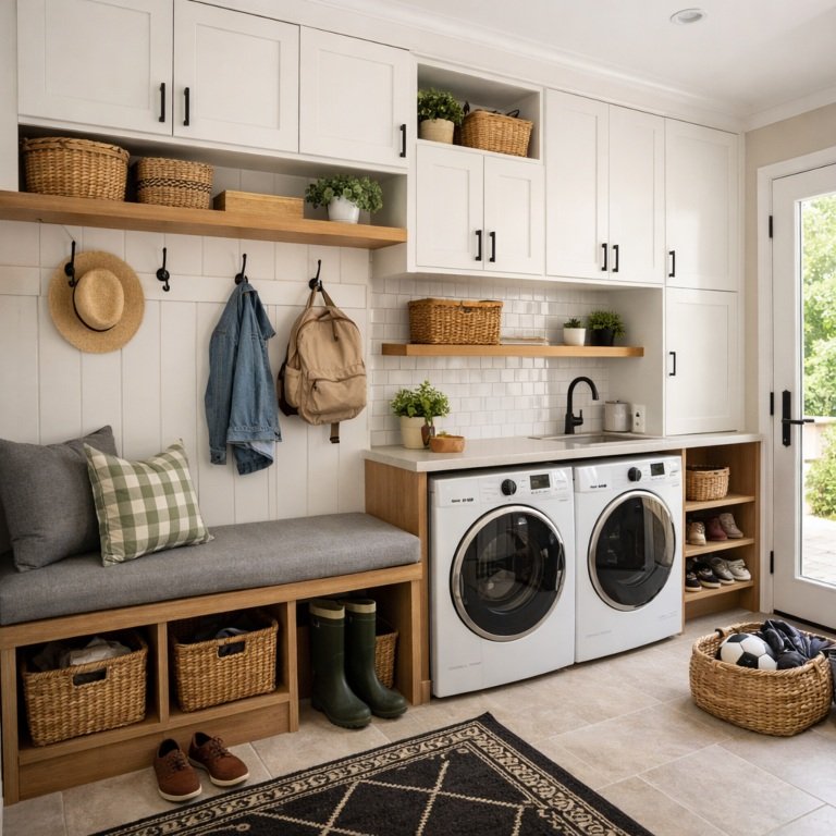 Multi-functional Brisbane laundry renovation combining mudroom storage, bench seating, and practical family-friendly design.