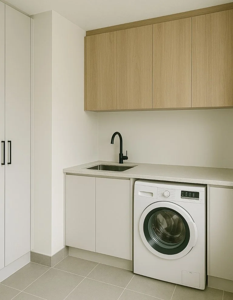 Custom Brisbane laundry renovation with built-in cabinetry and efficient layout.
