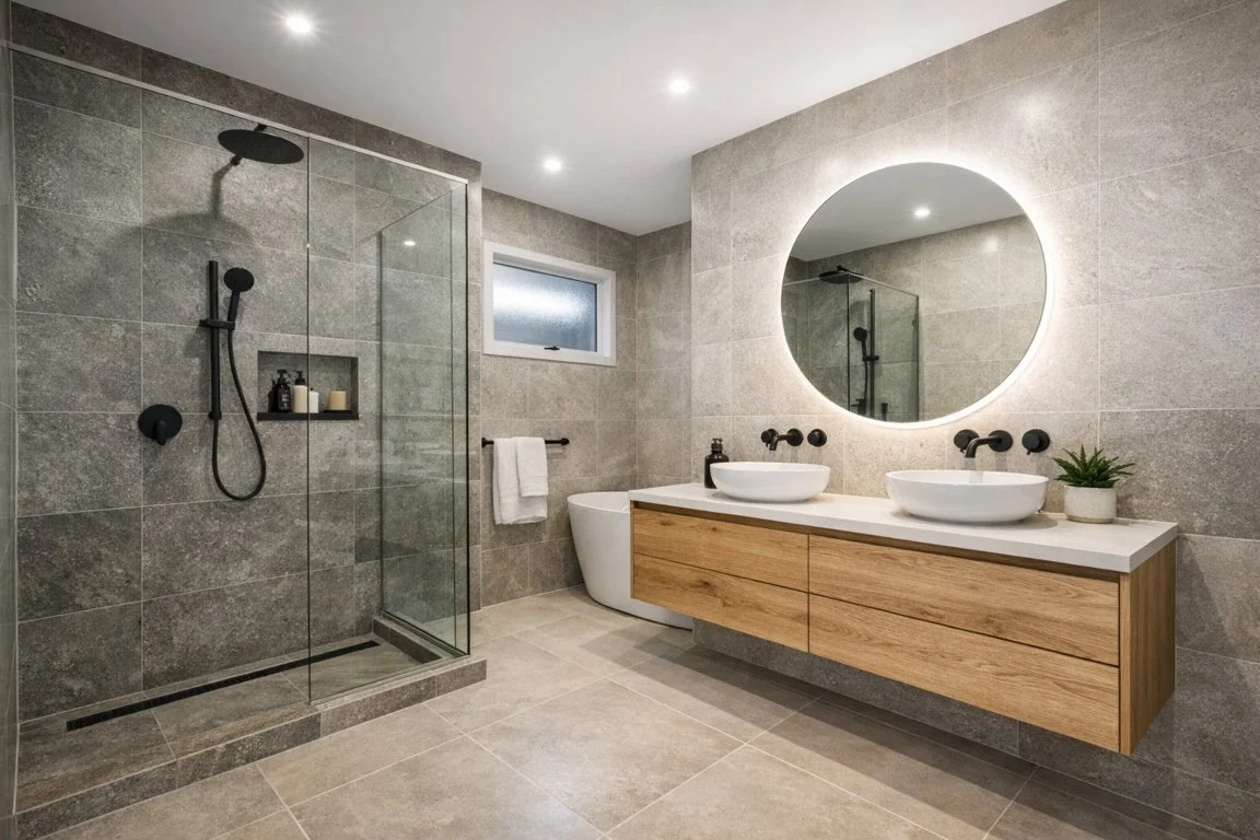 Modern Brisbane bathroom renovation with walk-in shower, floating vanity, and contemporary finishes