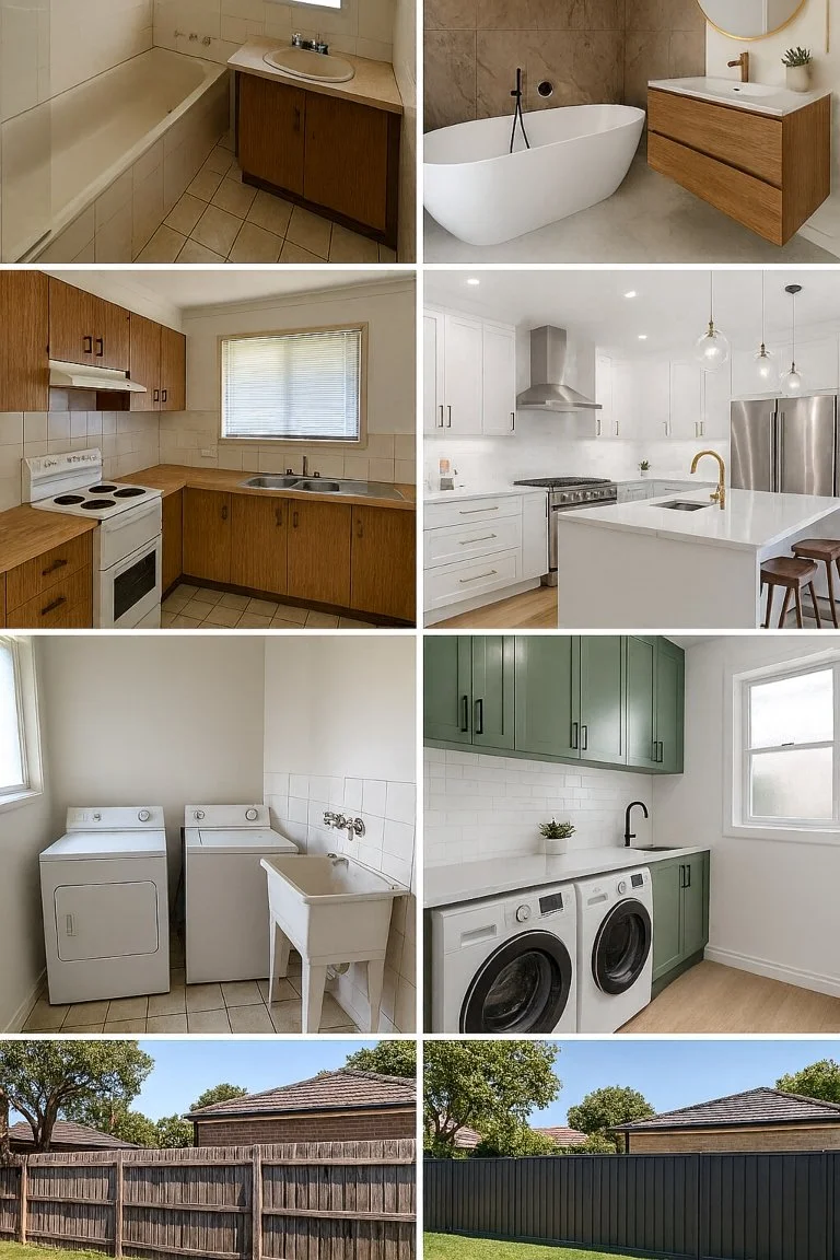 Before and after renovation images showcasing upgraded bathroom, kitchen, laundry and new fencing completed as one coordinated project.