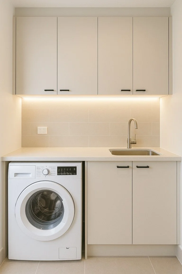 Bright modern Brisbane laundry with benchtop, LED lighting, and neutral cabinetry designed for small-space functionality.