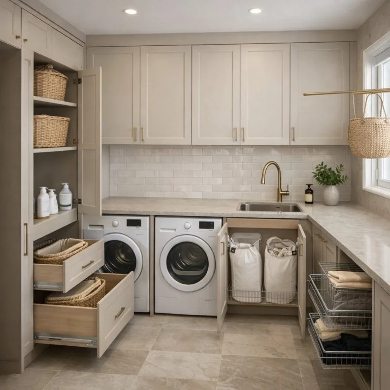 Custom Brisbane laundry renovation with floor-to-ceiling storage cabinets and integrated benchtop