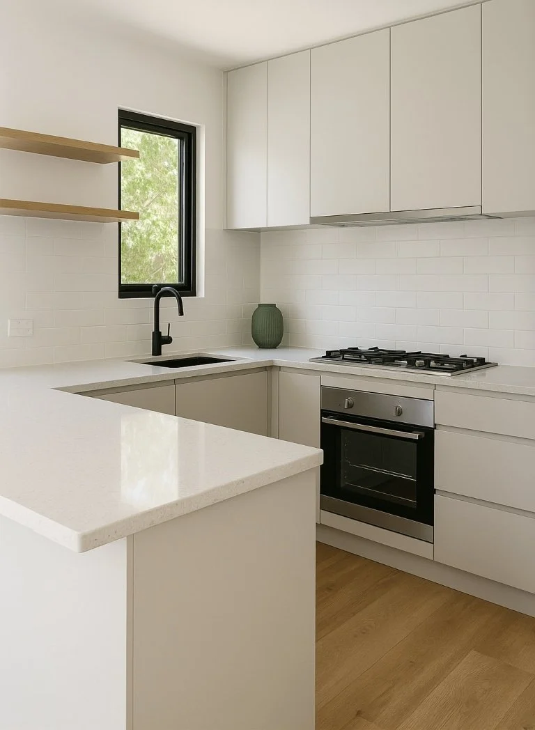 Modern Brisbane kitchen renovation with stone benchtops and contemporary cabinetry.