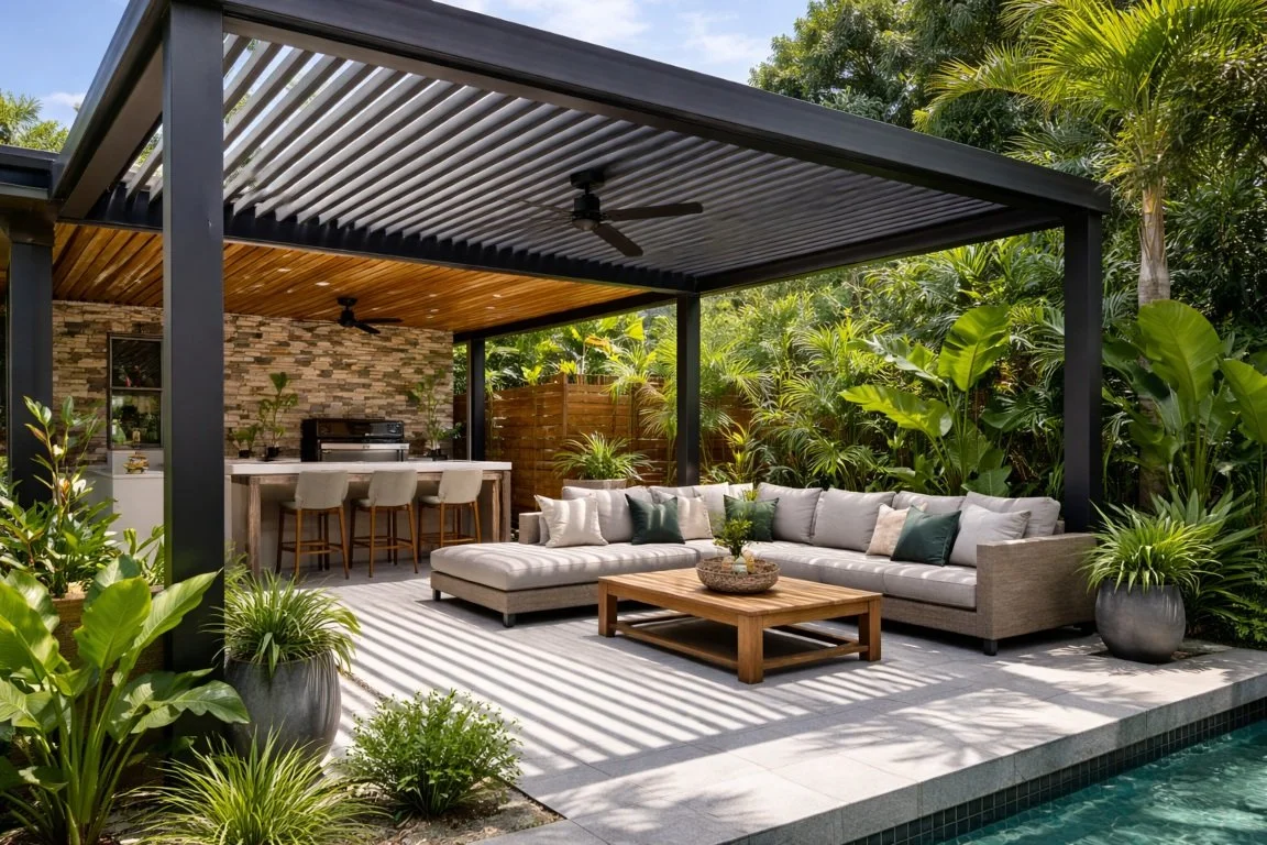 Outdoor alfresco renovation in Brisbane designed for summer heat with pergola, ventilation, and shaded living area