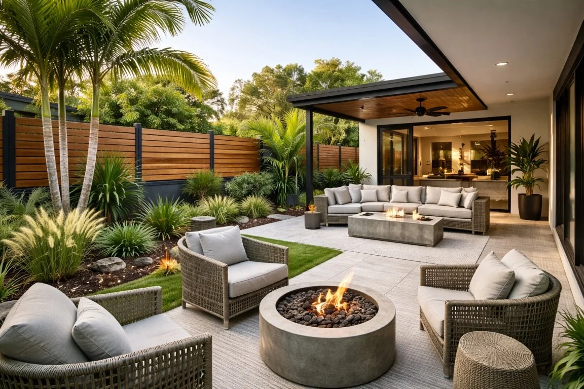 Privacy fencing integrated into outdoor living space at a Brisbane home