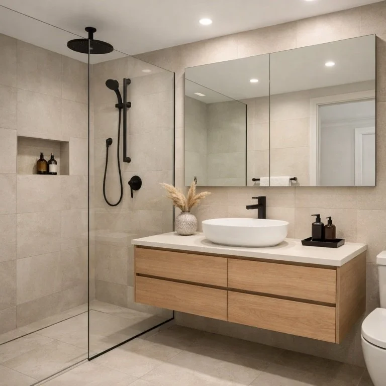 Completed bathroom renovation in Brisbane with walk-in shower and floating vanity in modern neutral design