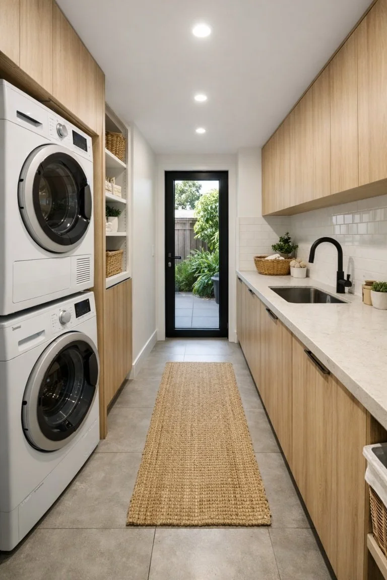 Galley-style laundry layout in a Brisbane home with space-saving cabinetry and stacked appliances