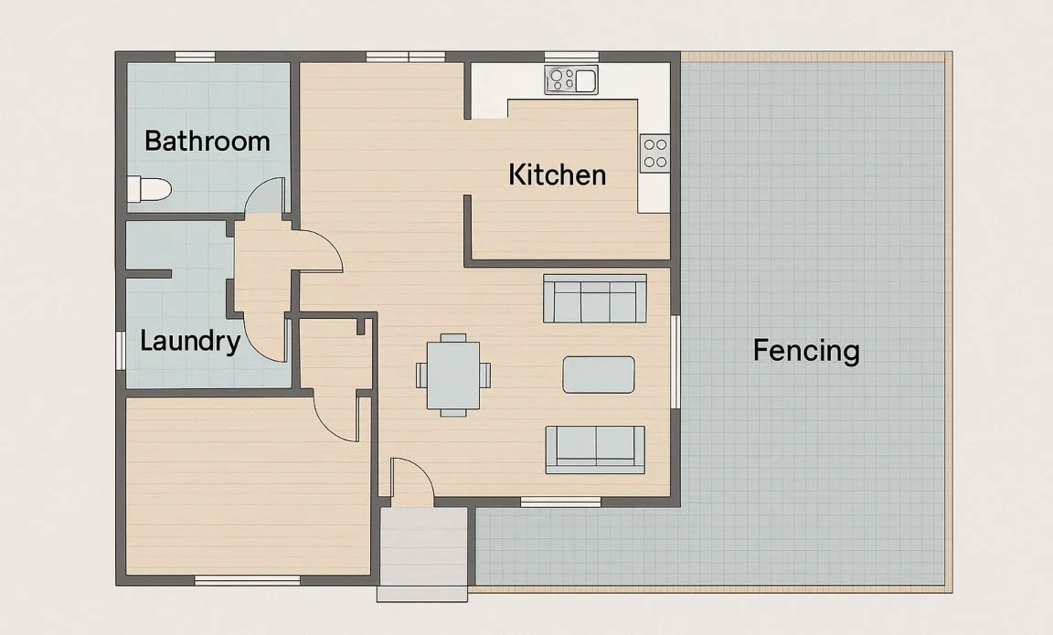 Home renovation floor plan showing coordinated upgrades for bathroom, kitchen, laundry and fencing areas in a modern house.
