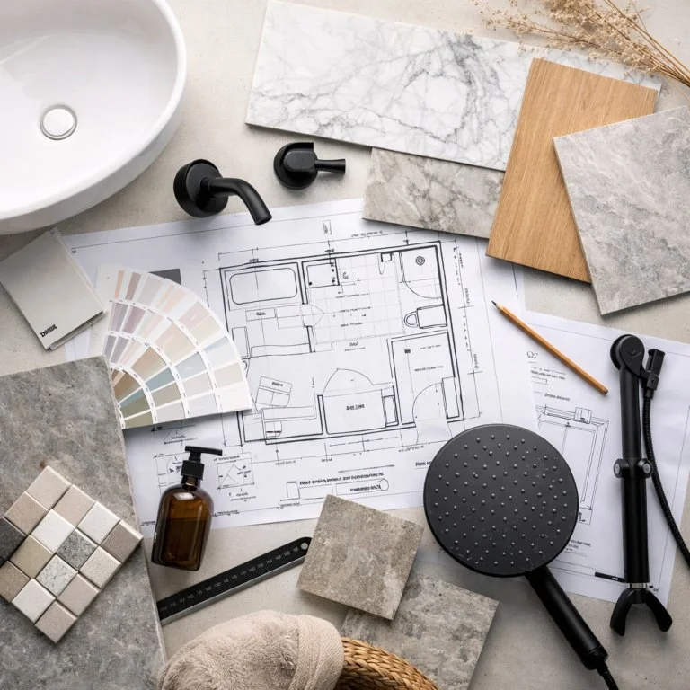 Bathroom renovation planning with layout drawings, tile samples, and fixtures in Brisbane home