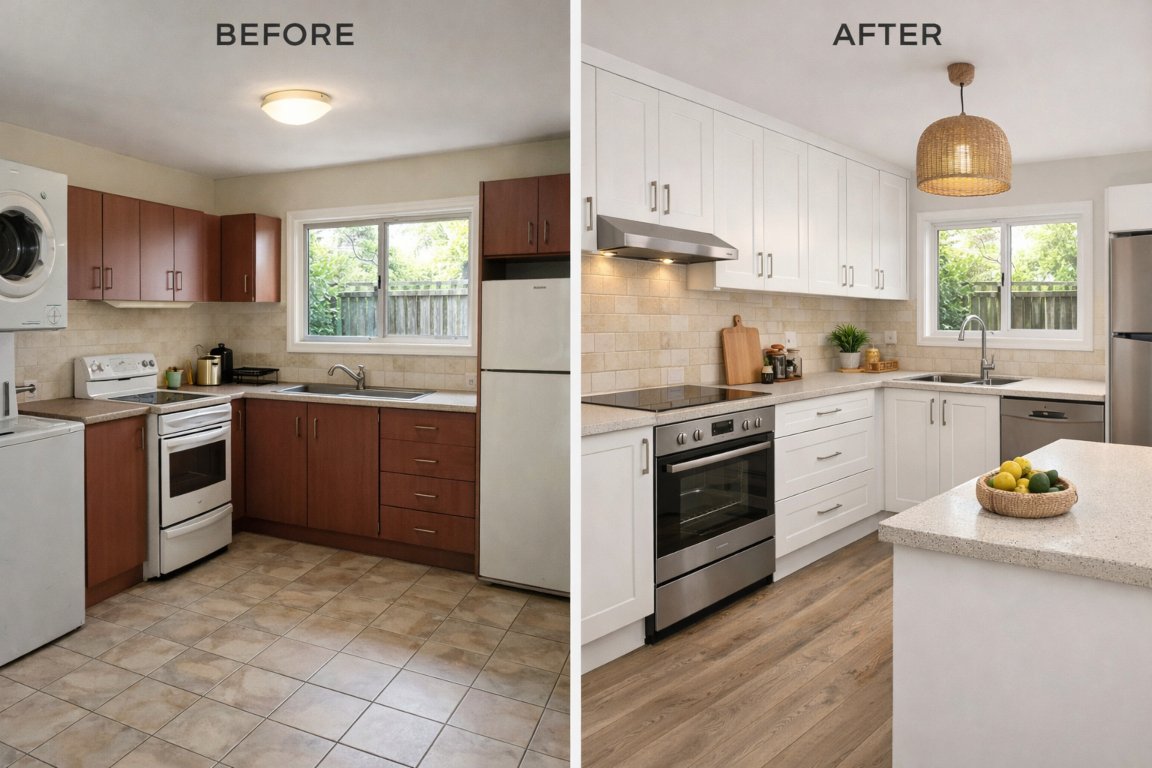 Before and after budget home renovation in Brisbane showing modern, cost-effective interior upgrades