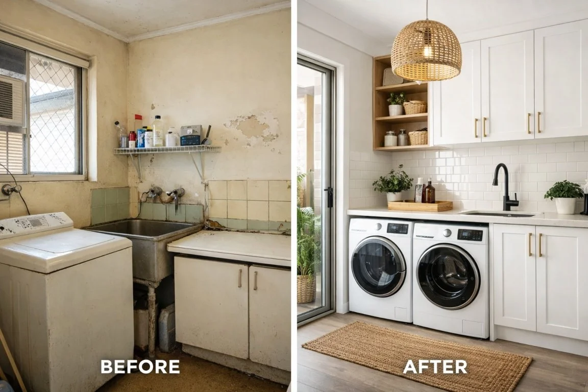 Before and after laundry renovation showcasing an affordable Brisbane home upgrade