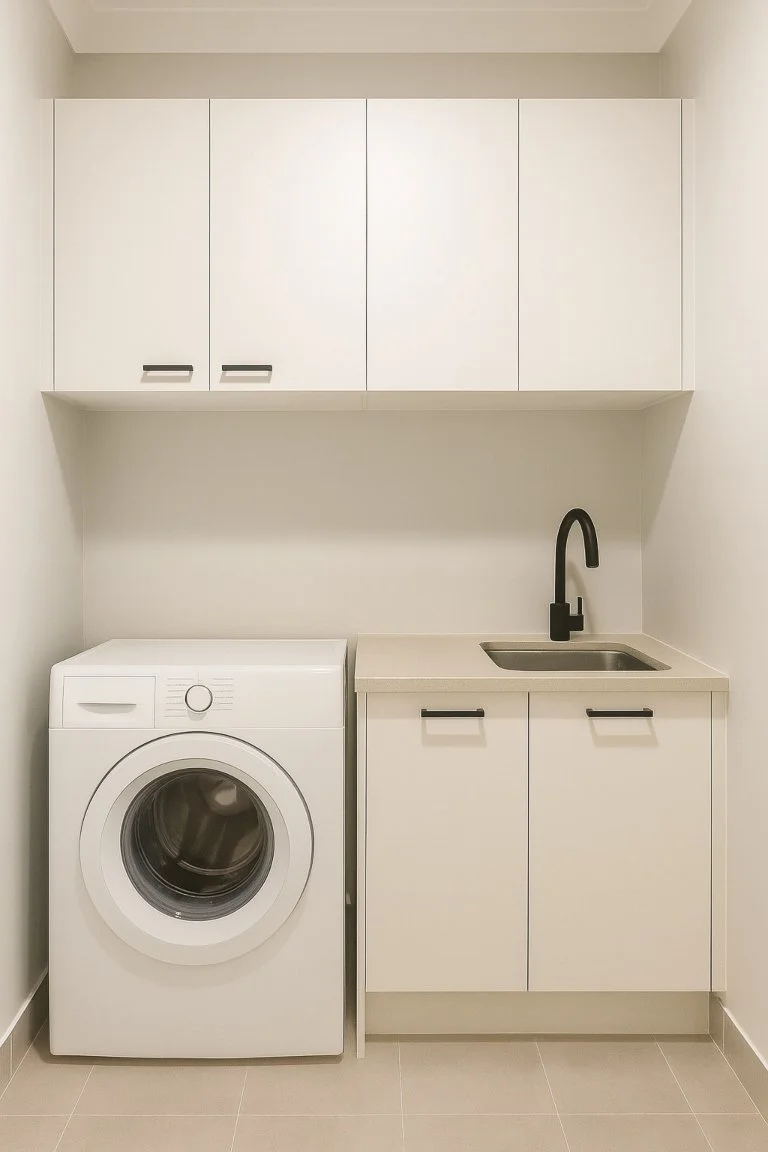 Small Brisbane laundry with stacked washer and dryer, overhead cabinets, and compact benchtop in a modern renovation by NexGen.