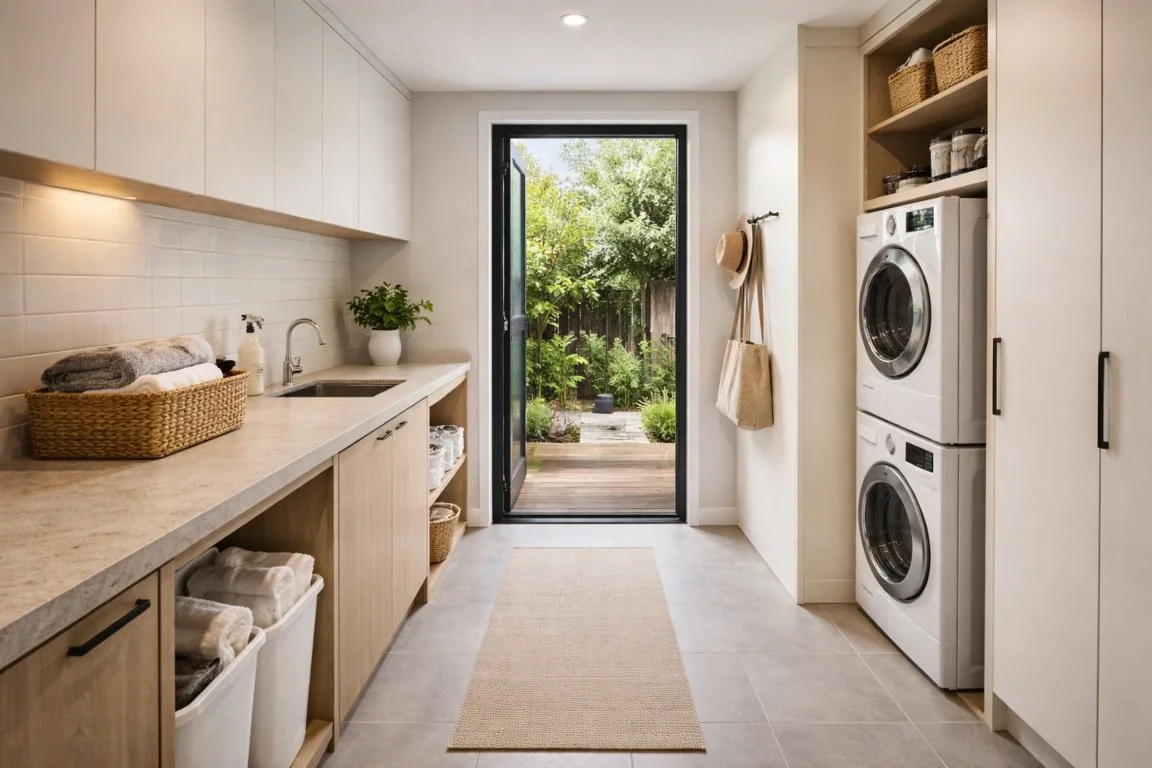 Walk-in laundry layout with outdoor access, folding bench, and storage in a Brisbane home