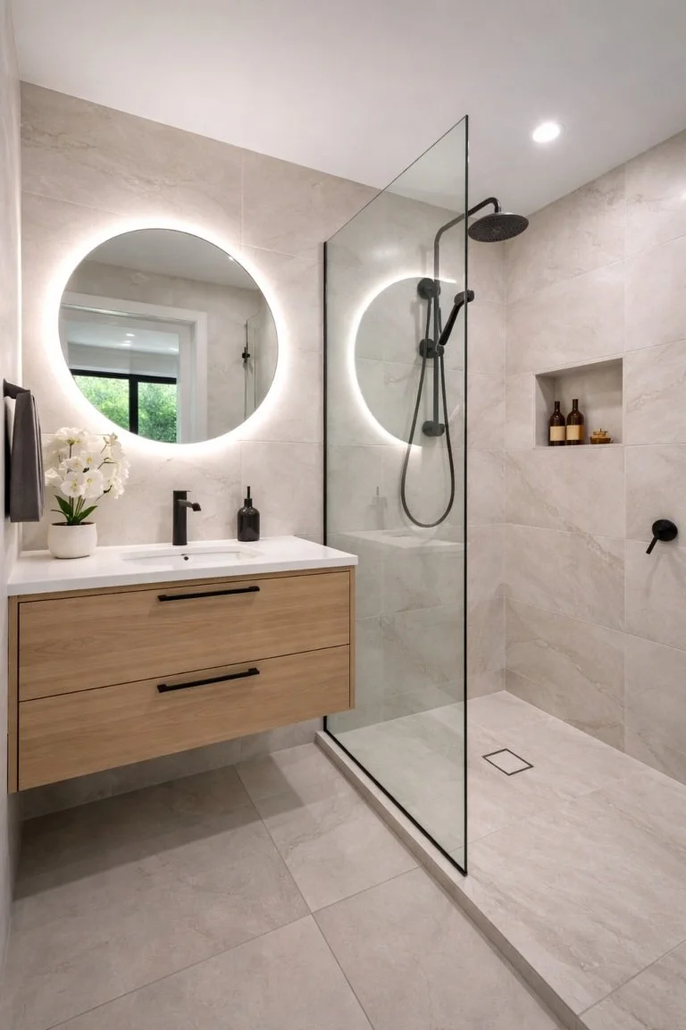 Modern small bathroom renovation in a Brisbane home featuring a wall-hung vanity and frameless shower
