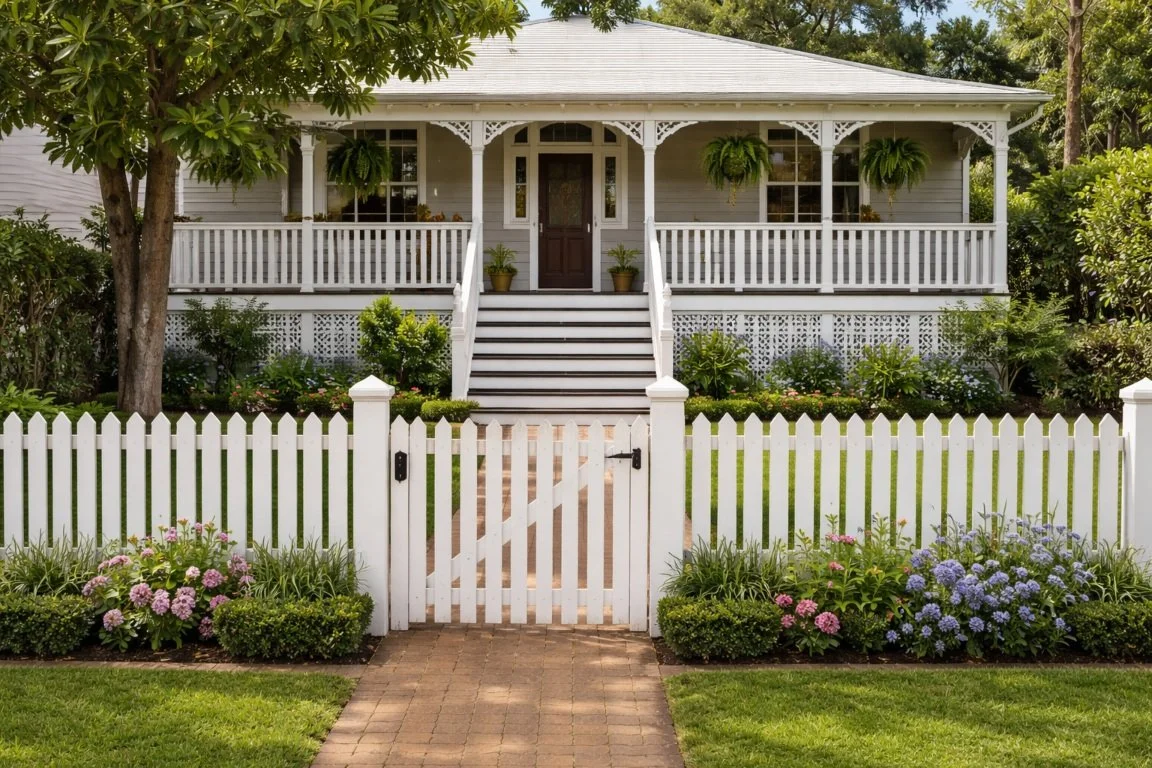 Timber picket front fence at a Brisbane Queenslander home following local council height and design rules
