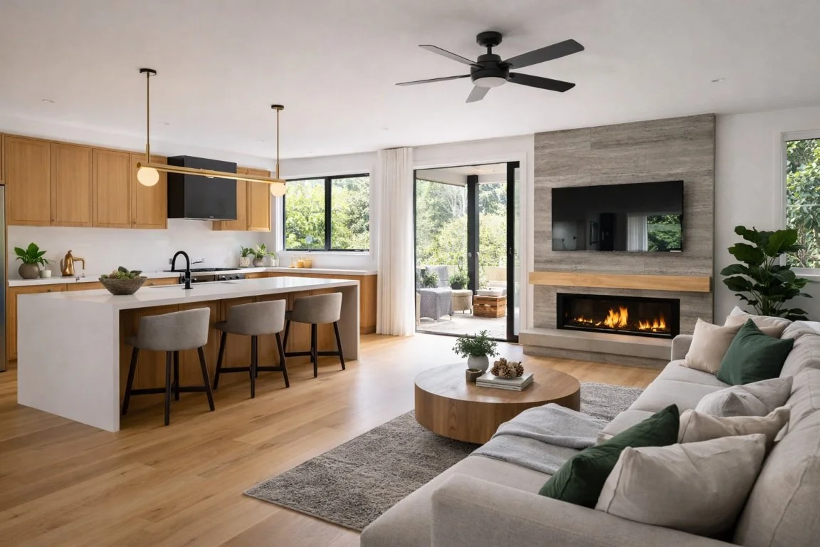 Indoor home renovation in Brisbane featuring energy-efficient kitchen and living space suited for winter upgrades