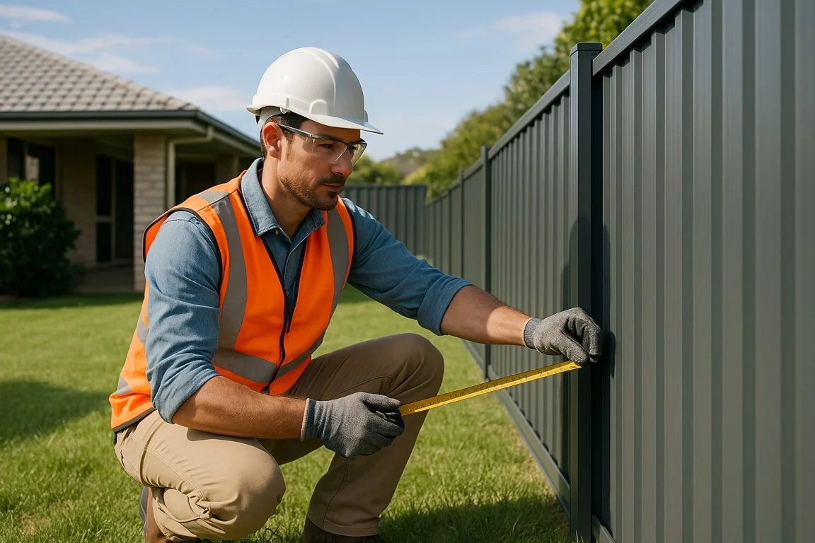 Fencing Brisbane contractor measuring a backyard boundary in Brisbane during a fencing installation assessment.