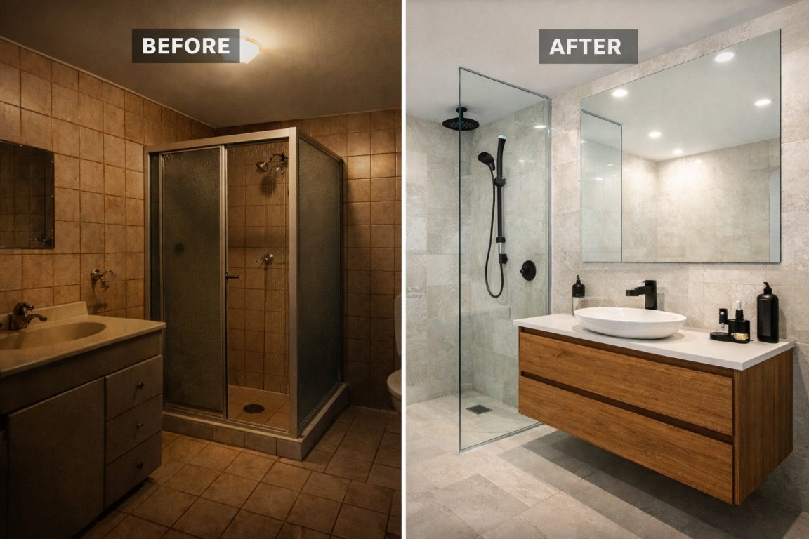 Before and after bathroom renovation in Brisbane featuring walk-in shower and floating vanity upgrade