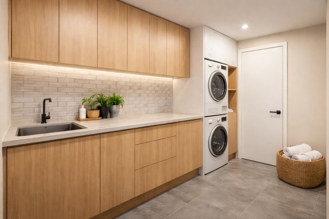 Modern laundry renovation in Brisbane featuring custom cabinetry, stone benchtop and tiled splashback in a mid-range to premium design