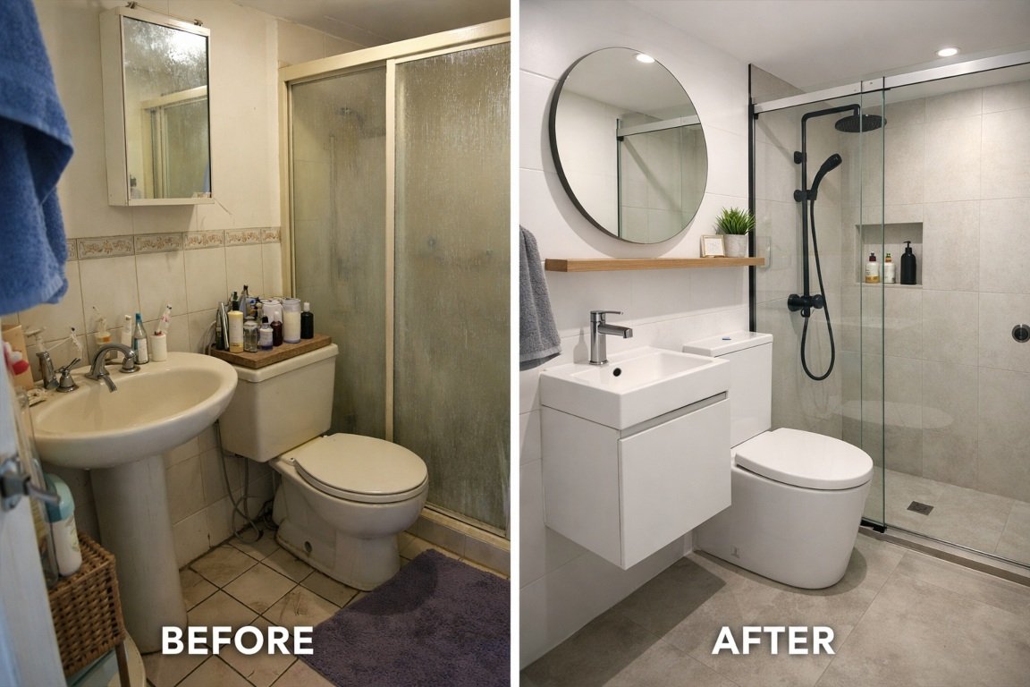 Before and after small bathroom renovation demonstrating space-saving design in a Brisbane home