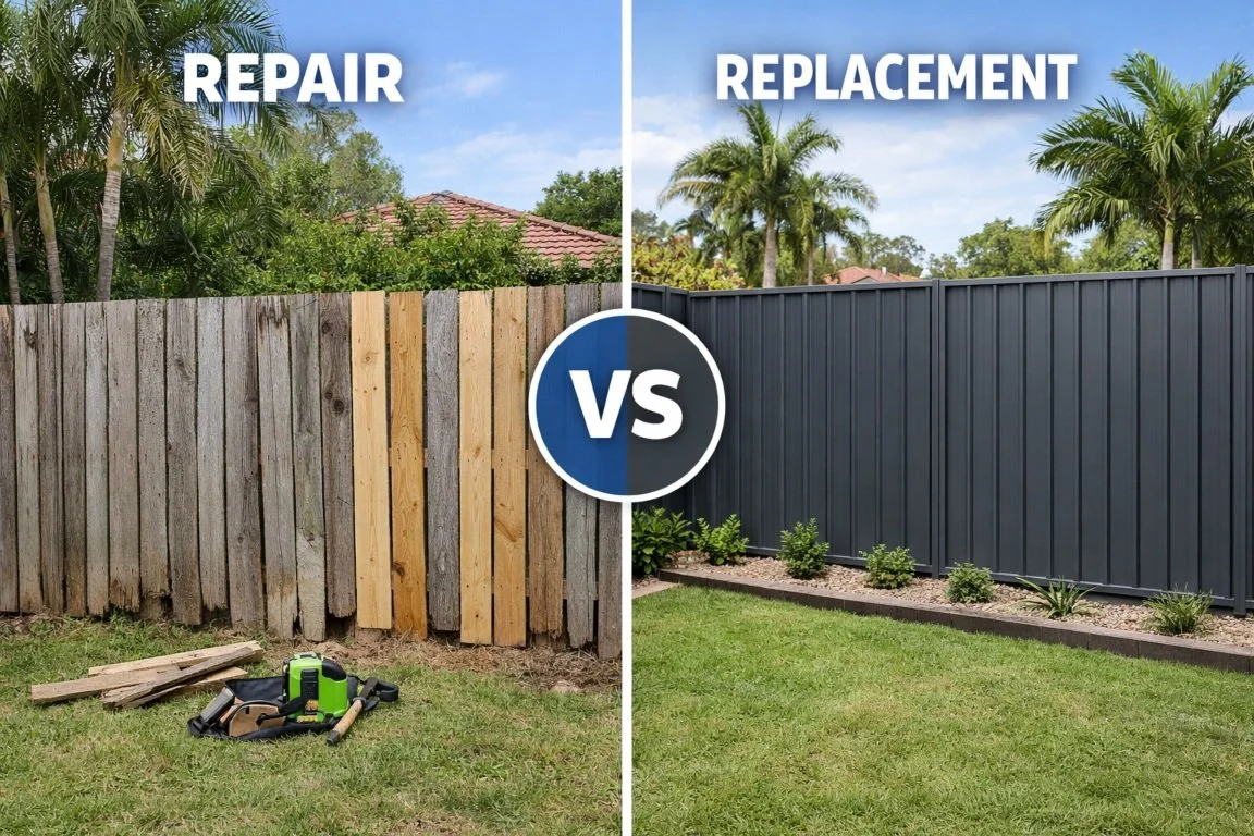 Fence repair vs replacement comparison in Brisbane showing old timber fence with new palings on one side and modern Colorbond fence on the other