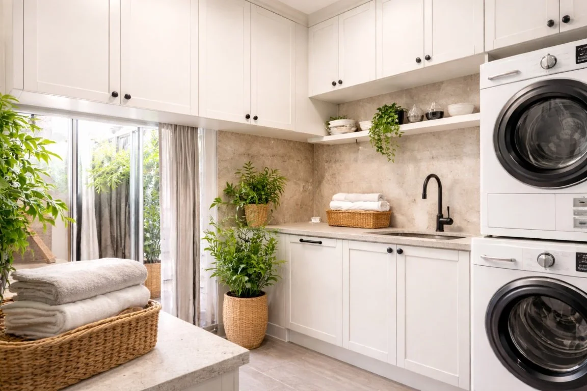 Modern Brisbane laundry renovation featuring custom cabinetry, stone benchtops, stacked appliances, and contemporary matte black fixtures.