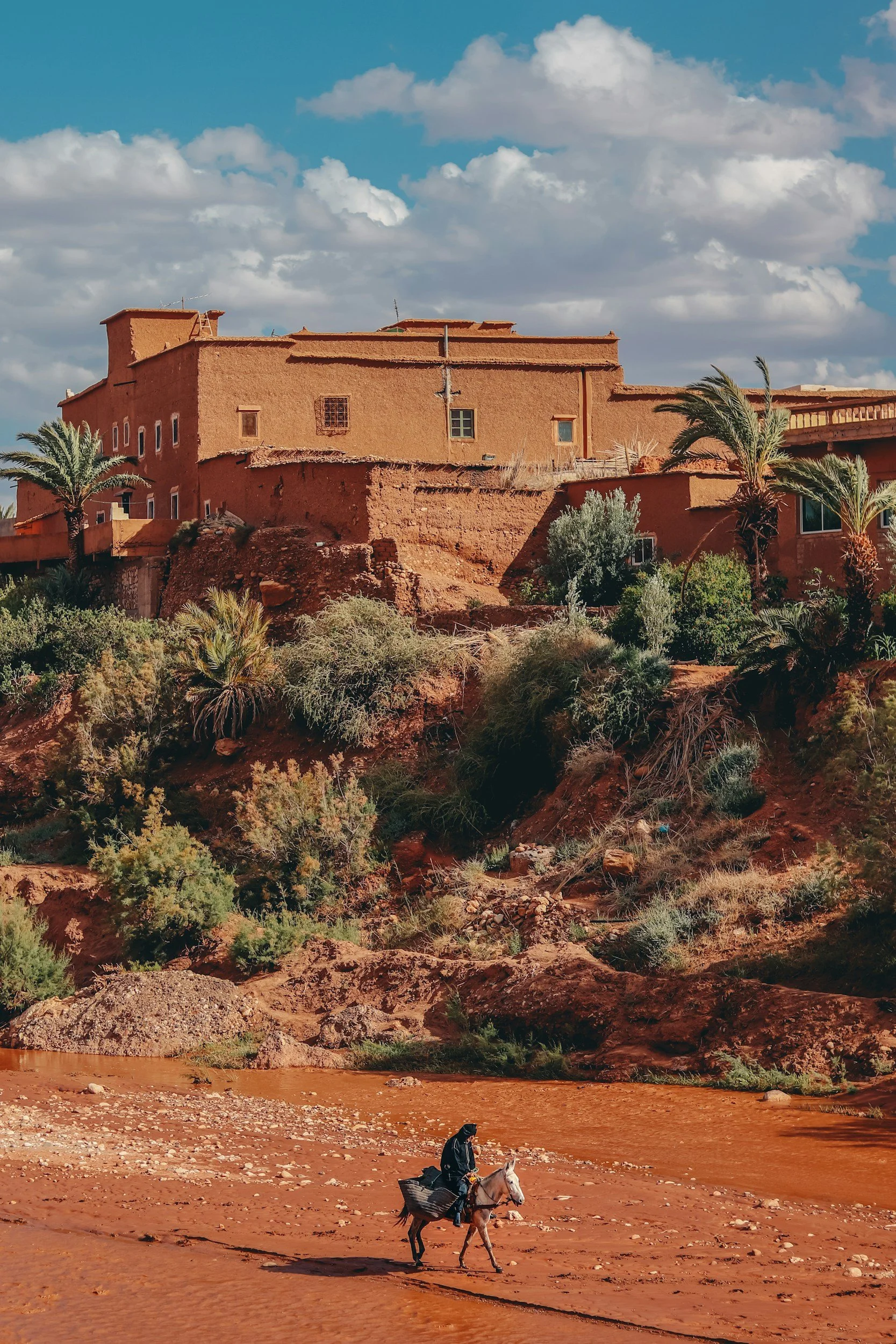 Casa de adobe en un paisaje árido con vegetación dispersa y palmeras, una persona montada en un caballo caminando por la tierra, cielo con nubes blancas.