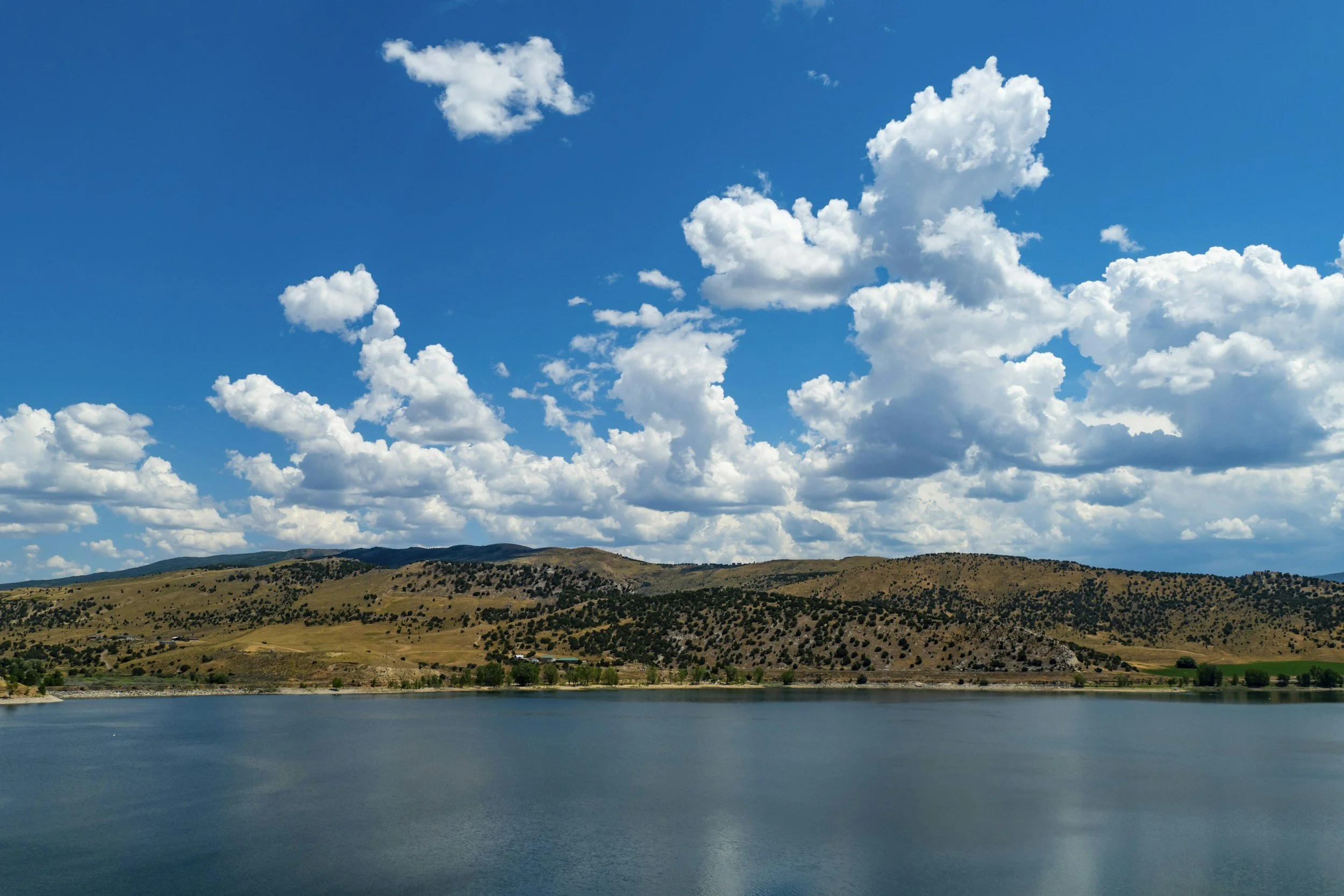 A lake with calm water in the foreground, mountains with sparse trees in the background, and a partly cloudy blue sky.